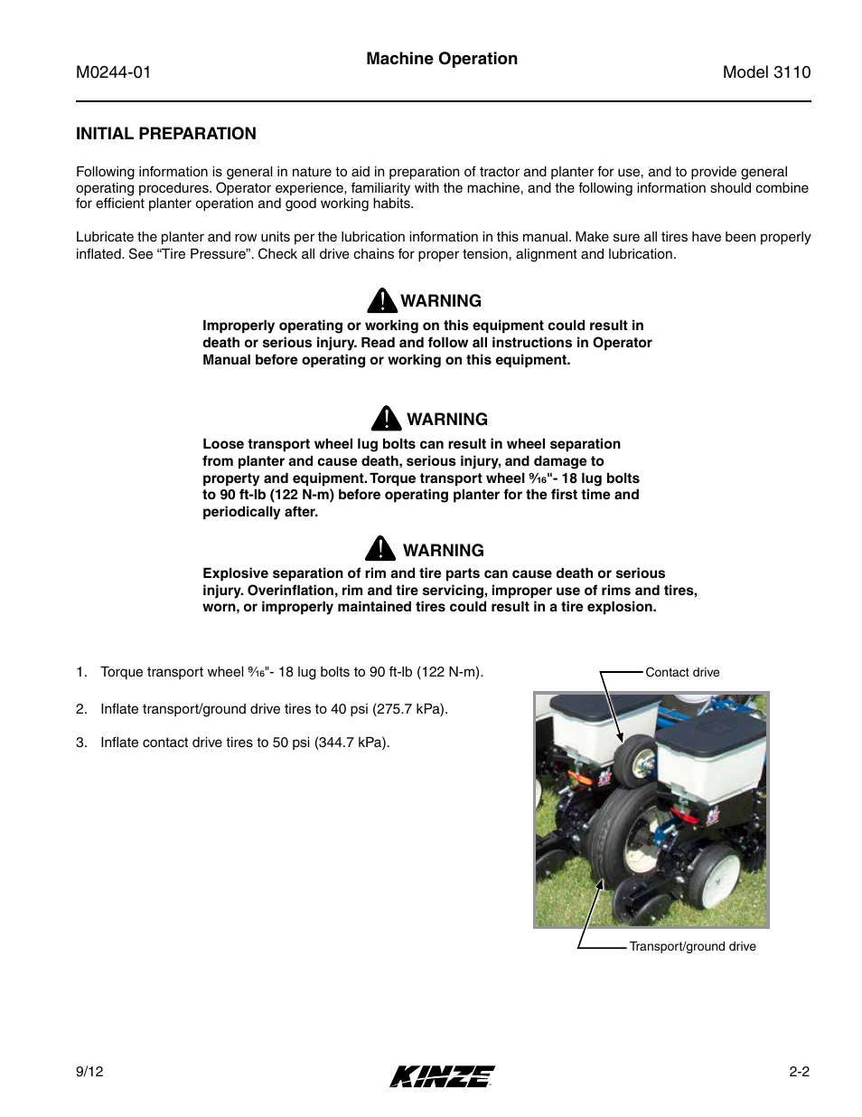 Initial preparation, Initial preparation -2 | Kinze 3110 Mounted Planter Rev. 7/14 User Manual | Page 14 / 136