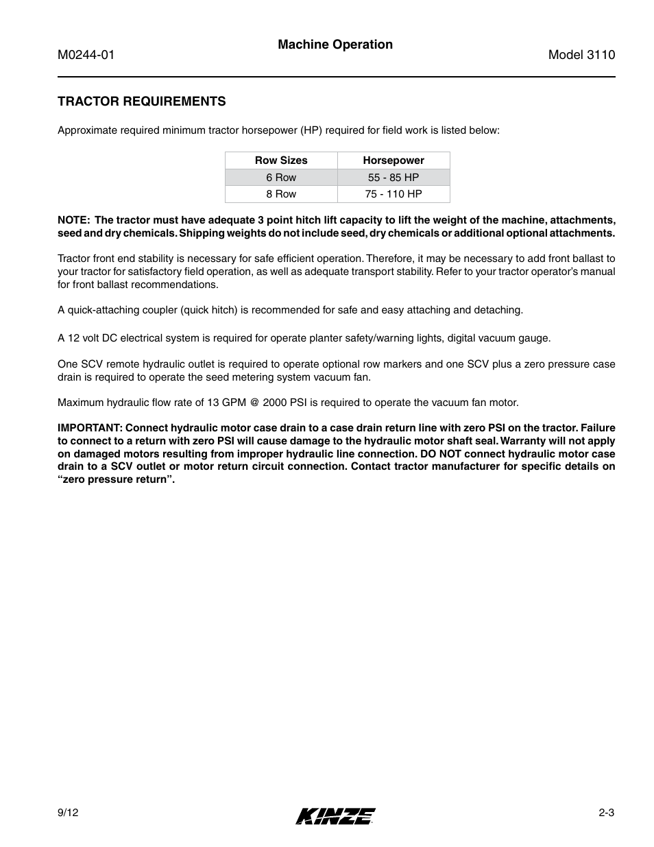 Tractor requirements, Tractor requirements -3 | Kinze 3110 Mounted Planter Rev. 7/14 User Manual | Page 15 / 136
