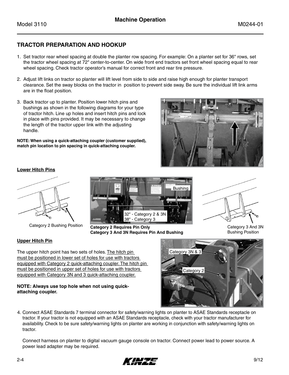 Tractor preparation and hookup, Tractor preparation and hookup -4 | Kinze 3110 Mounted Planter Rev. 7/14 User Manual | Page 16 / 136