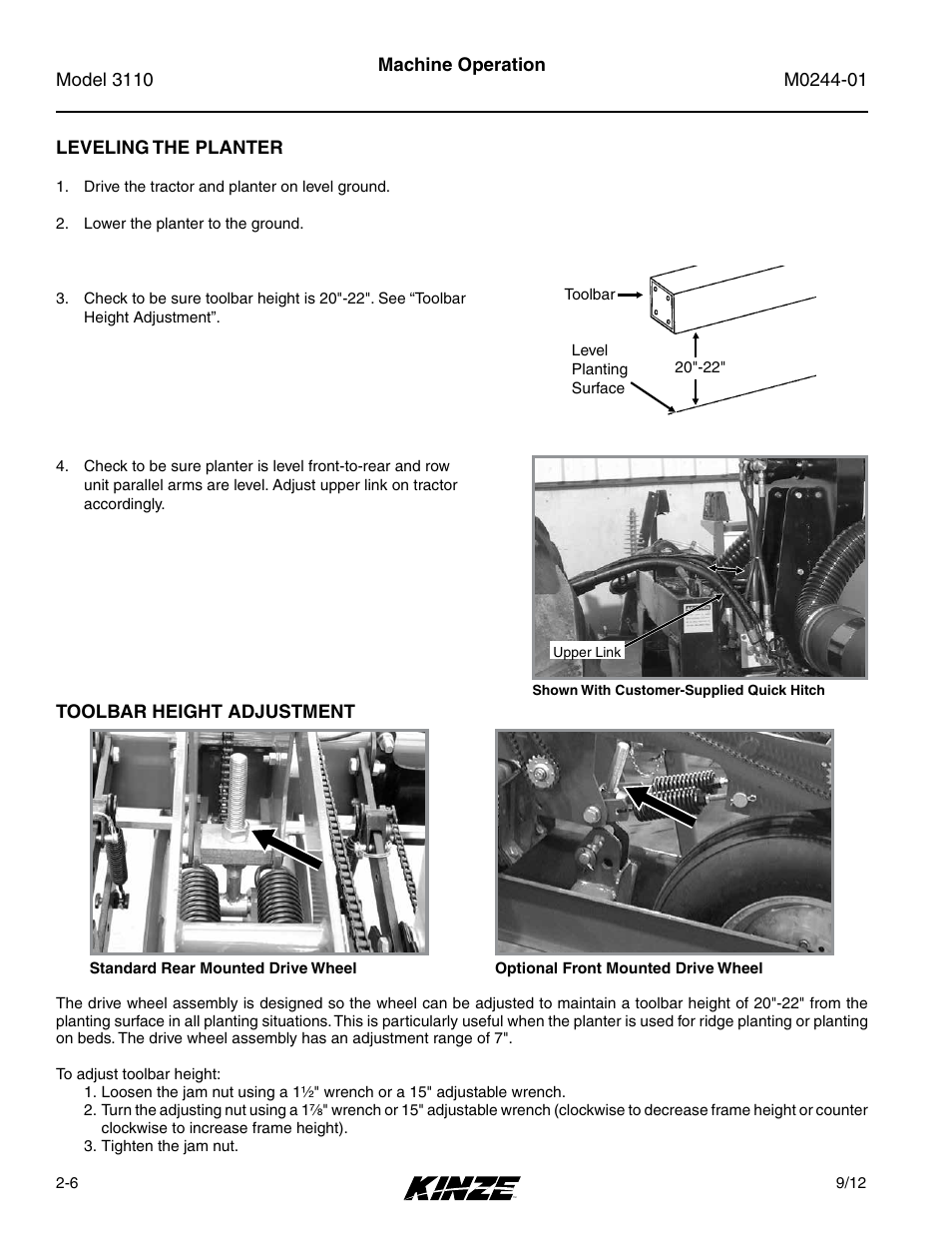 Leveling the planter, Toolbar height adjustment, Leveling the planter -6 | Toolbar height adjustment -6 | Kinze 3110 Mounted Planter Rev. 7/14 User Manual | Page 18 / 136