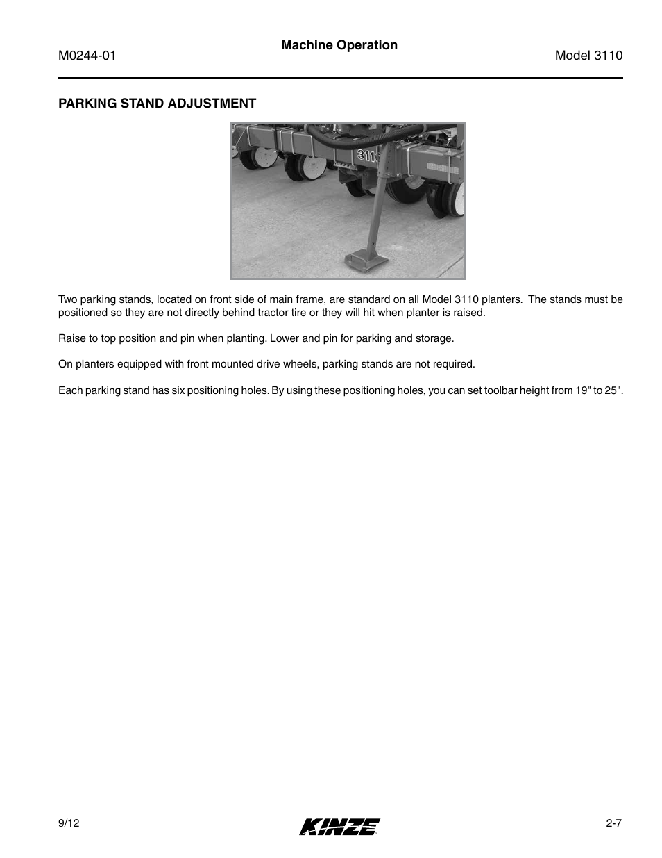 Parking stand adjustment, Parking stand adjustment -7 | Kinze 3110 Mounted Planter Rev. 7/14 User Manual | Page 19 / 136