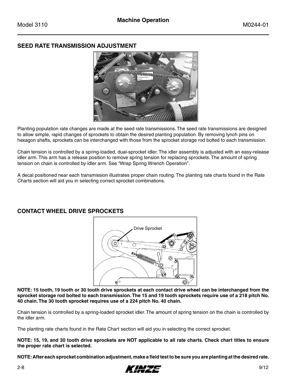 Seed rate transmission adjustment, Contact wheel drive sprockets, Seed rate transmission adjustment -8 | Contact wheel drive sprockets -8 | Kinze 3110 Mounted Planter Rev. 7/14 User Manual | Page 20 / 136