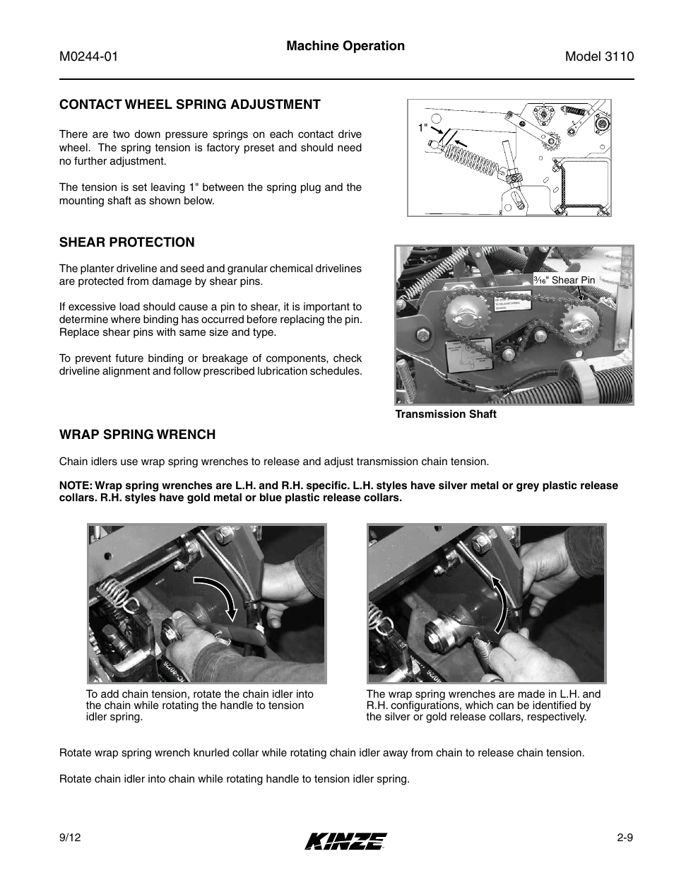 Contact wheel spring adjustment, Shear protection, Wrap spring wrench | Contact wheel spring adjustment -9, Shear protection -9, Wrap spring wrench -9 | Kinze 3110 Mounted Planter Rev. 7/14 User Manual | Page 21 / 136