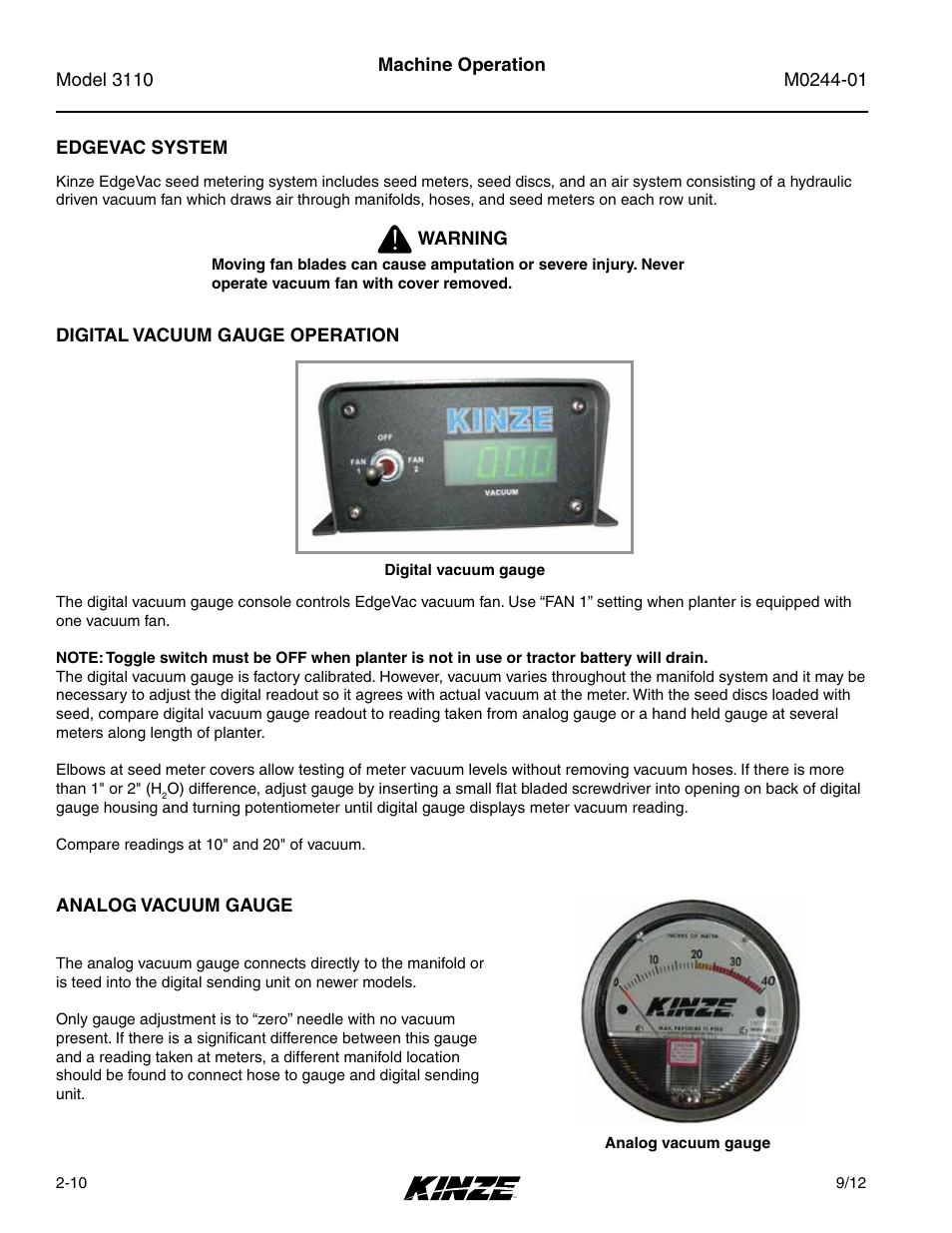 Edgevac system, Digital vacuum gauge operation, Analog vacuum gauge | Edgevac system -10, Digital vacuum gauge operation -10, Analog vacuum gauge -10 | Kinze 3110 Mounted Planter Rev. 7/14 User Manual | Page 22 / 136