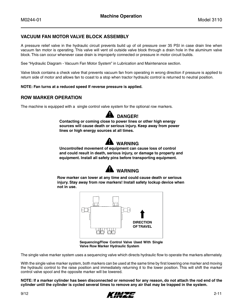Vacuum fan motor valve block assembly, Row marker operation, Vacuum fan motor valve block assembly -11 | Row marker operation -11 | Kinze 3110 Mounted Planter Rev. 7/14 User Manual | Page 23 / 136