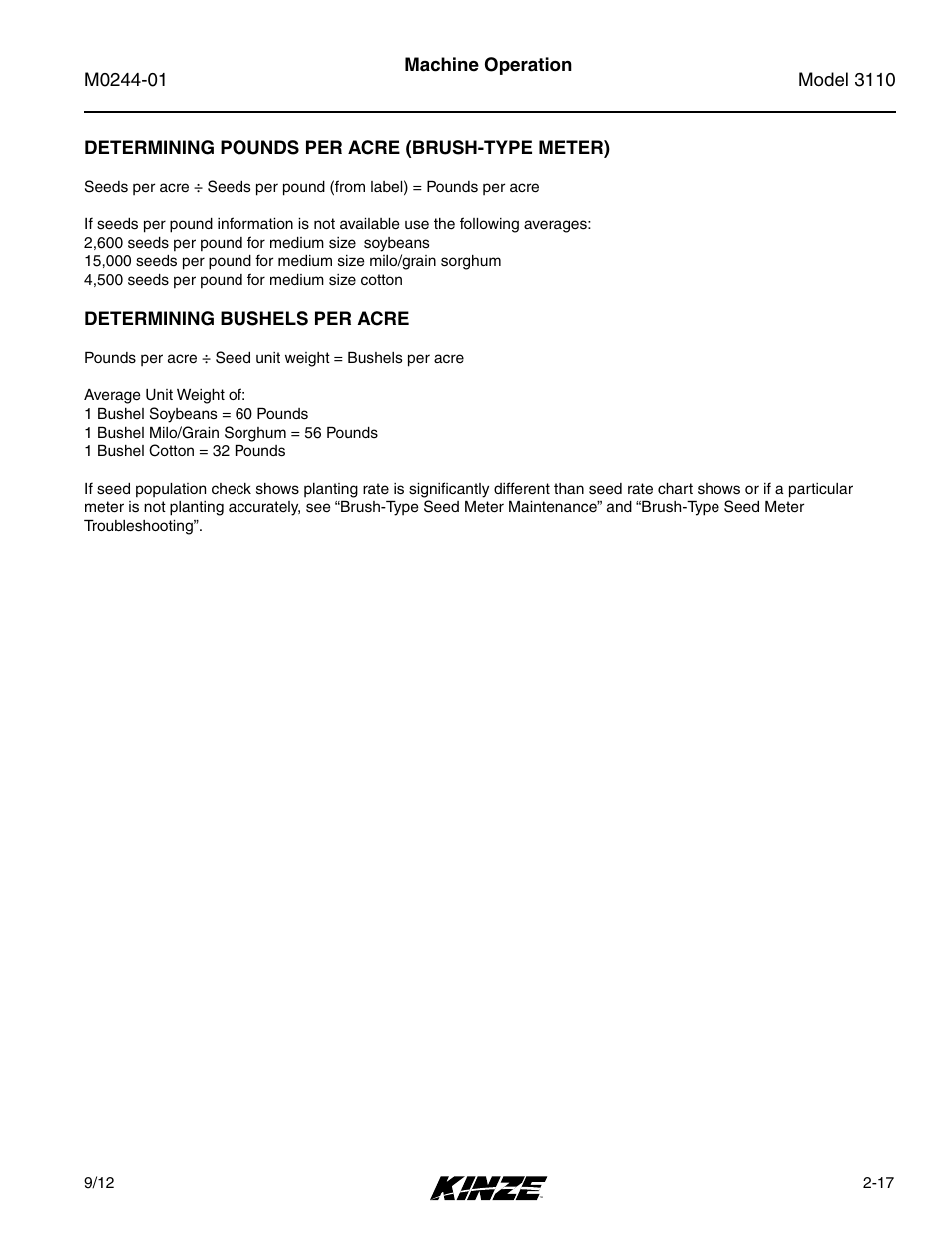 Determining pounds per acre (brush-type meter), Determining bushels per acre, Determining pounds per acre (brush-type meter) -17 | Determining bushels per acre -17 | Kinze 3110 Mounted Planter Rev. 7/14 User Manual | Page 29 / 136