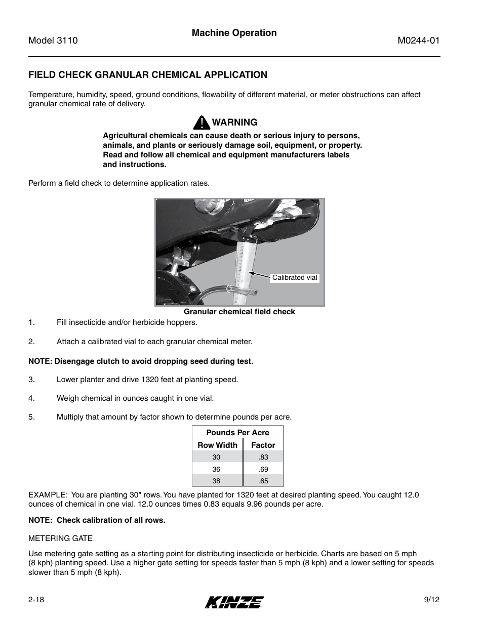 Field check granular chemical application, Field check granular chemical application -18 | Kinze 3110 Mounted Planter Rev. 7/14 User Manual | Page 30 / 136