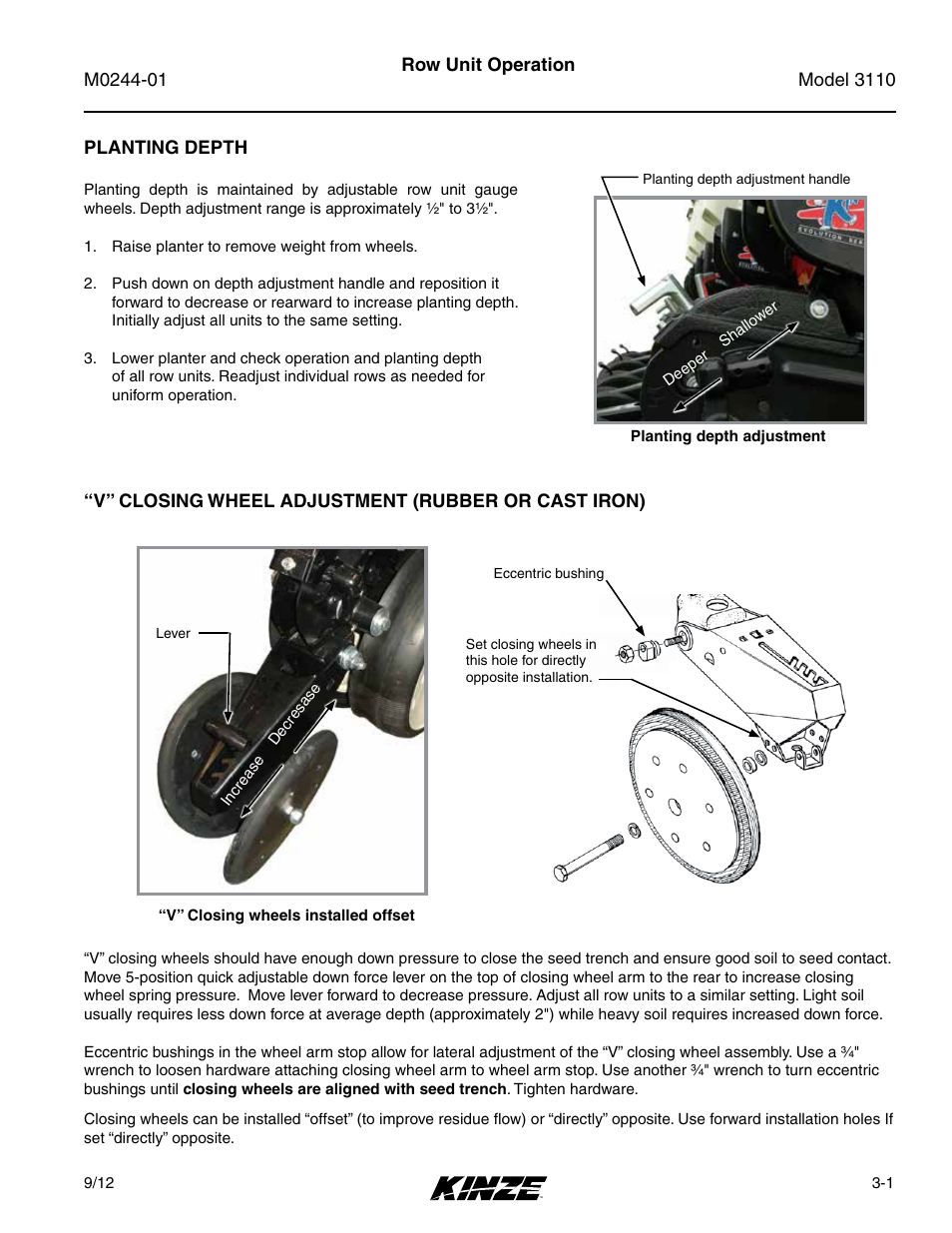 Row unit operation, Planting depth, V” closing wheel adjustment (rubber or cast iron) | Planting depth -1 | Kinze 3110 Mounted Planter Rev. 7/14 User Manual | Page 31 / 136