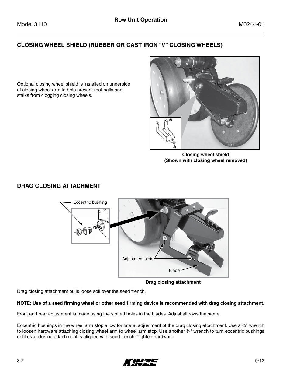 Drag closing attachment, Wheels) -2, Drag closing attachment -2 | Kinze 3110 Mounted Planter Rev. 7/14 User Manual | Page 32 / 136
