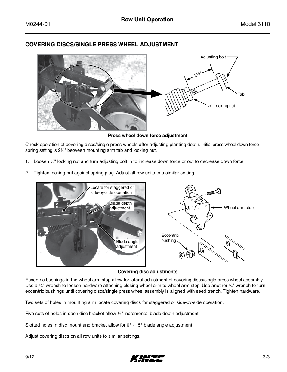 Covering discs/single press wheel adjustment, Covering discs/single press wheel adjustment -3 | Kinze 3110 Mounted Planter Rev. 7/14 User Manual | Page 33 / 136