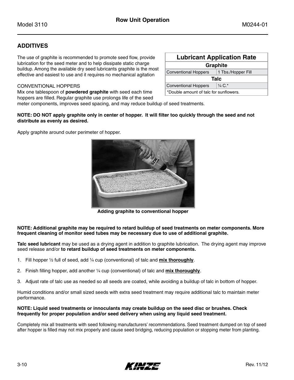 Additives, Additives -10, Lubricant application rate | Kinze 3110 Mounted Planter Rev. 7/14 User Manual | Page 40 / 136