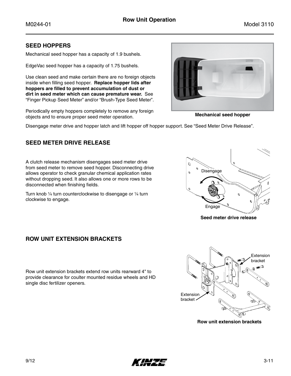 Seed hoppers, Seed meter drive release, Row unit extension brackets | Seed hoppers -11, Seed meter drive release -11, Row unit extension brackets -11 | Kinze 3110 Mounted Planter Rev. 7/14 User Manual | Page 41 / 136