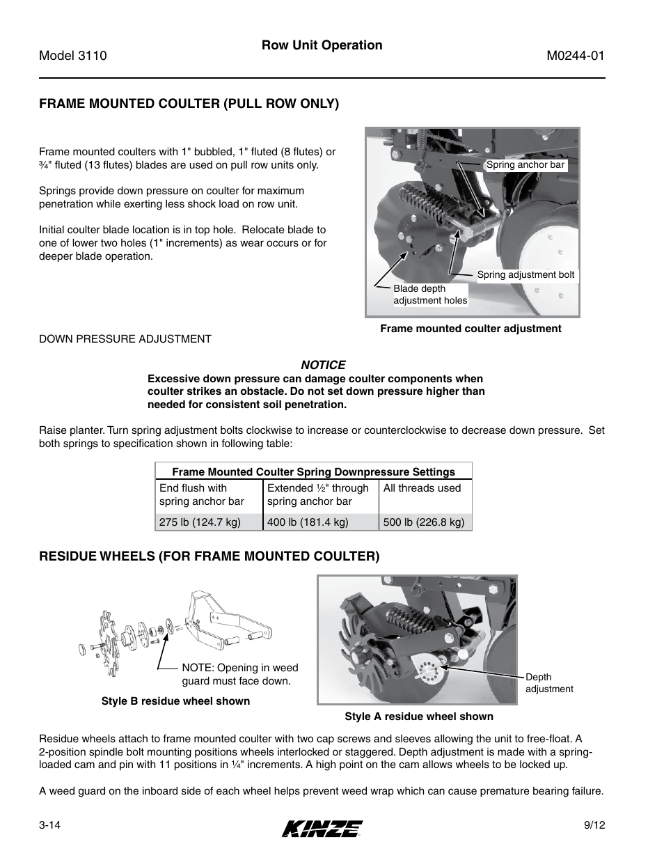 Frame mounted coulter (pull row only), Residue wheels (for frame mounted coulter), Frame mounted coulter (pull row only) -14 | Residue wheels (for frame mounted coulter) -14 | Kinze 3110 Mounted Planter Rev. 7/14 User Manual | Page 44 / 136