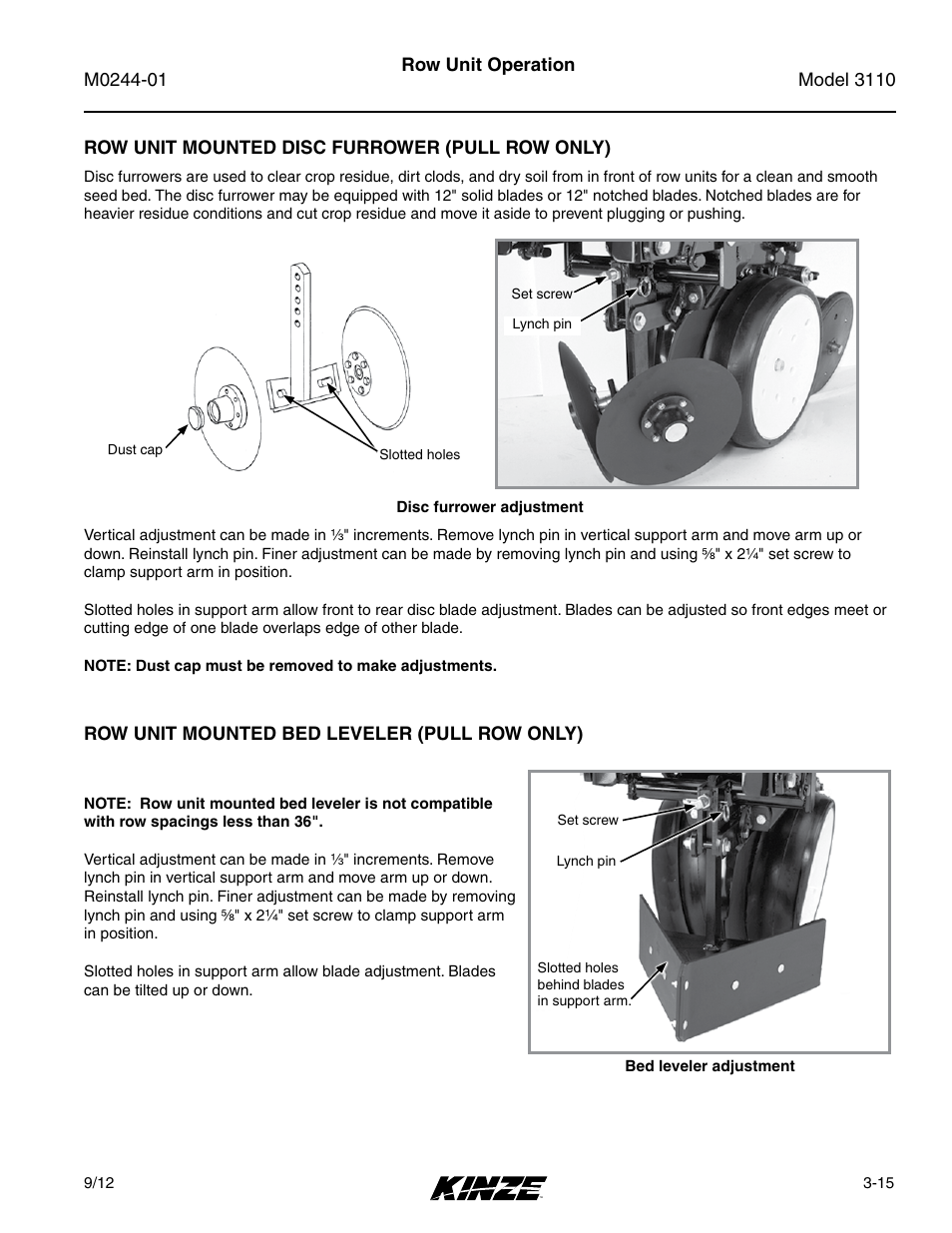 Row unit mounted disc furrower (pull row only), Row unit mounted bed leveler (pull row only), Row unit mounted disc furrower (pull row only) -15 | Row unit mounted bed leveler (pull row only) -15 | Kinze 3110 Mounted Planter Rev. 7/14 User Manual | Page 45 / 136