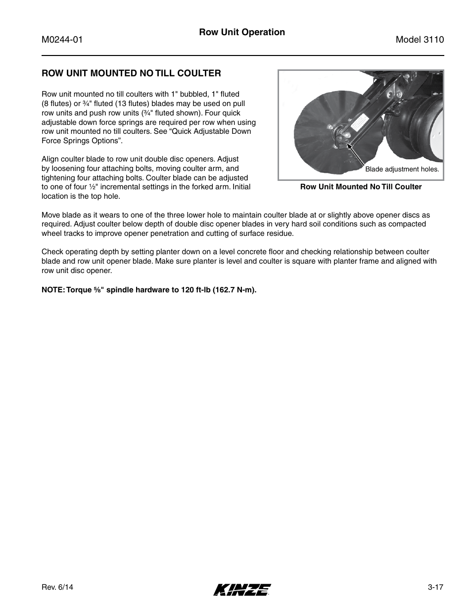 Row unit mounted no till coulter, Row unit mounted no till coulter -17 | Kinze 3110 Mounted Planter Rev. 7/14 User Manual | Page 47 / 136