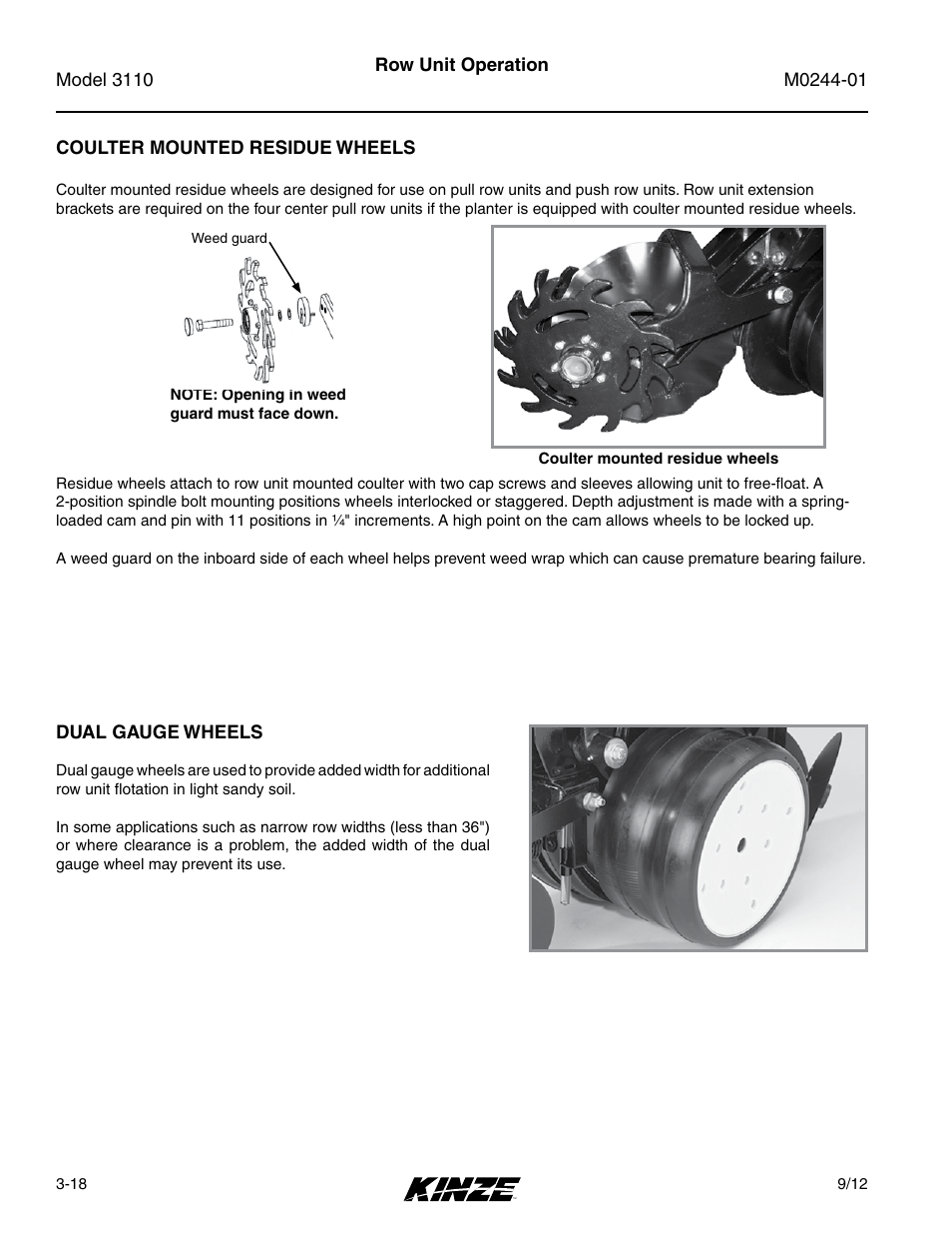 Coulter mounted residue wheels, Coulter mounted residue wheels -18 | Kinze 3110 Mounted Planter Rev. 7/14 User Manual | Page 48 / 136