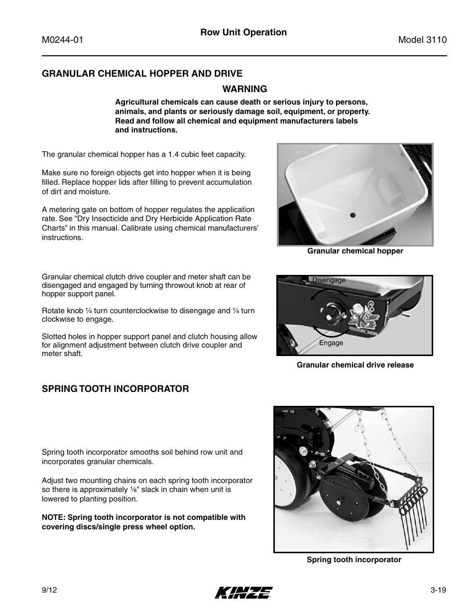 Granular chemical hopper and drive, Spring tooth incorporator, Granular chemical hopper and drive -19 | Spring tooth incorporator -19 | Kinze 3110 Mounted Planter Rev. 7/14 User Manual | Page 49 / 136