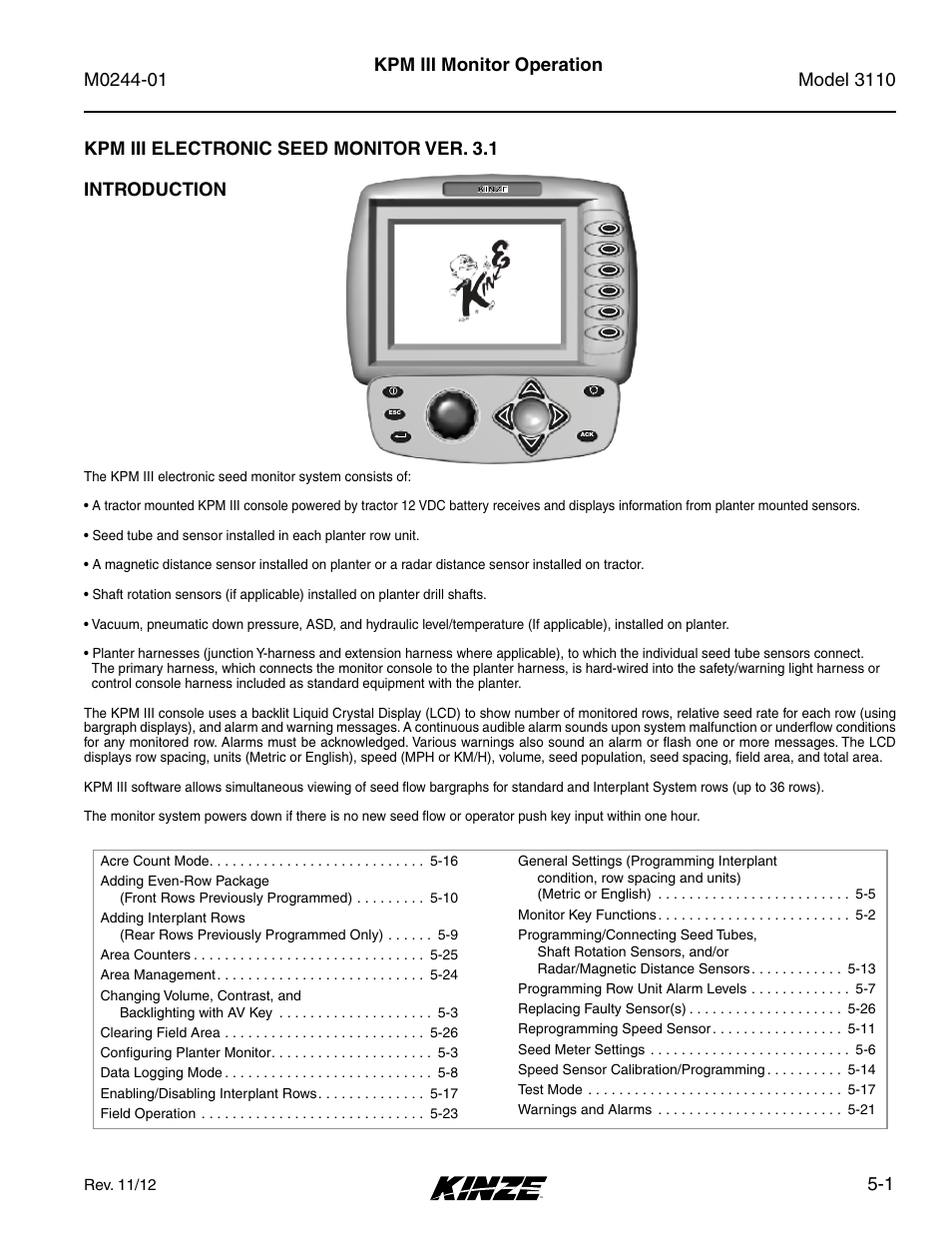 Monitor operation, Monitor operation -1, 1 kpm iii monitor operation | Kinze 3110 Mounted Planter Rev. 7/14 User Manual | Page 75 / 136