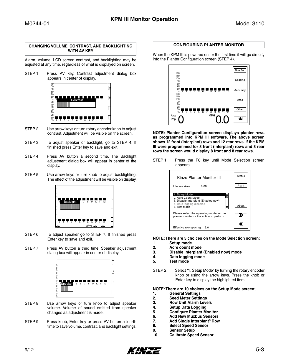 Configuring planter monitor, Configuring planter monitor -3, 3 kpm iii monitor operation | Kinze 3110 Mounted Planter Rev. 7/14 User Manual | Page 77 / 136