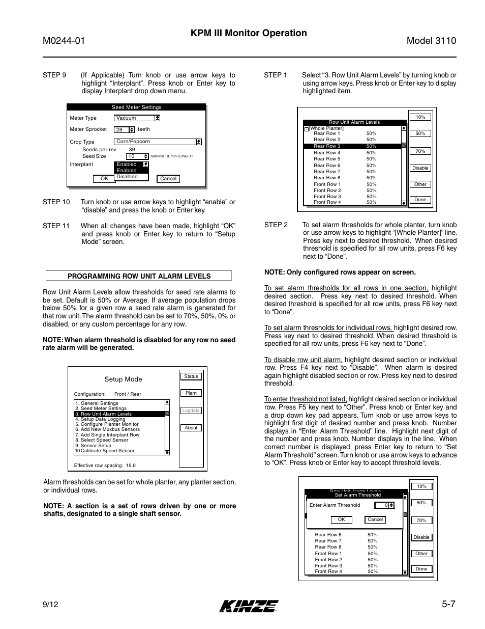 Programming row unit alarm levels, Programming row unit alarm levels -7, 7 kpm iii monitor operation | Kinze 3110 Mounted Planter Rev. 7/14 User Manual | Page 81 / 136