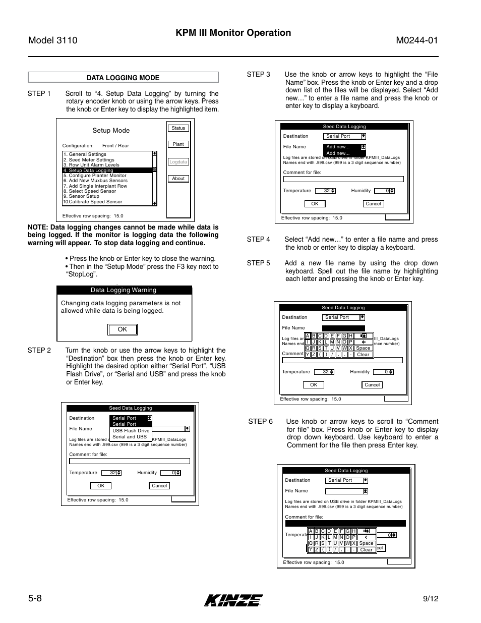 Data logging mode, Data logging mode -8, Kpm iii monitor operation | Setup mode | Kinze 3110 Mounted Planter Rev. 7/14 User Manual | Page 82 / 136