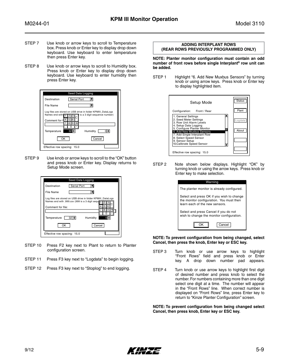 9 kpm iii monitor operation, Setup mode | Kinze 3110 Mounted Planter Rev. 7/14 User Manual | Page 83 / 136