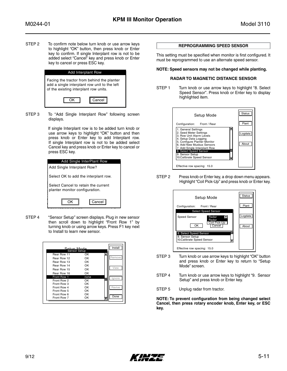Reprogramming speed sensor, Reprogramming speed sensor -11, 11 kpm iii monitor operation | Setup mode | Kinze 3110 Mounted Planter Rev. 7/14 User Manual | Page 85 / 136