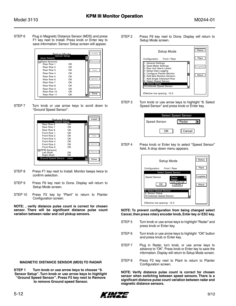 Kpm iii monitor operation, Setup mode | Kinze 3110 Mounted Planter Rev. 7/14 User Manual | Page 86 / 136