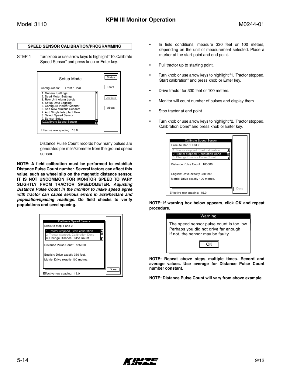 Speed sensor calibration/programming, Speed sensor calibration/programming -14, Kpm iii monitor operation | Kinze 3110 Mounted Planter Rev. 7/14 User Manual | Page 88 / 136