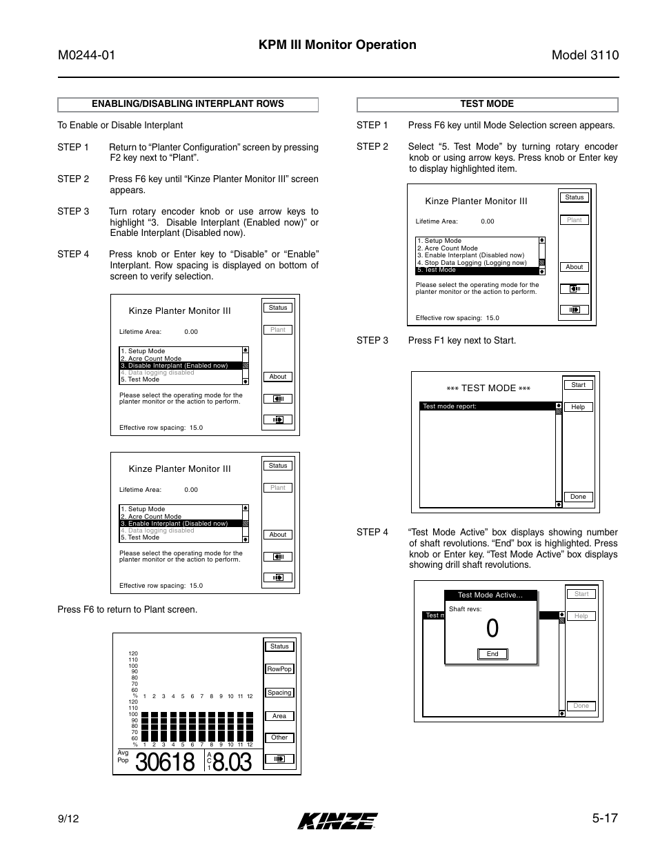 Enabling/disabling interplant rows, Test mode, Enabling/disabling interplant rows -17 | Test mode -17, 17 kpm iii monitor operation | Kinze 3110 Mounted Planter Rev. 7/14 User Manual | Page 91 / 136