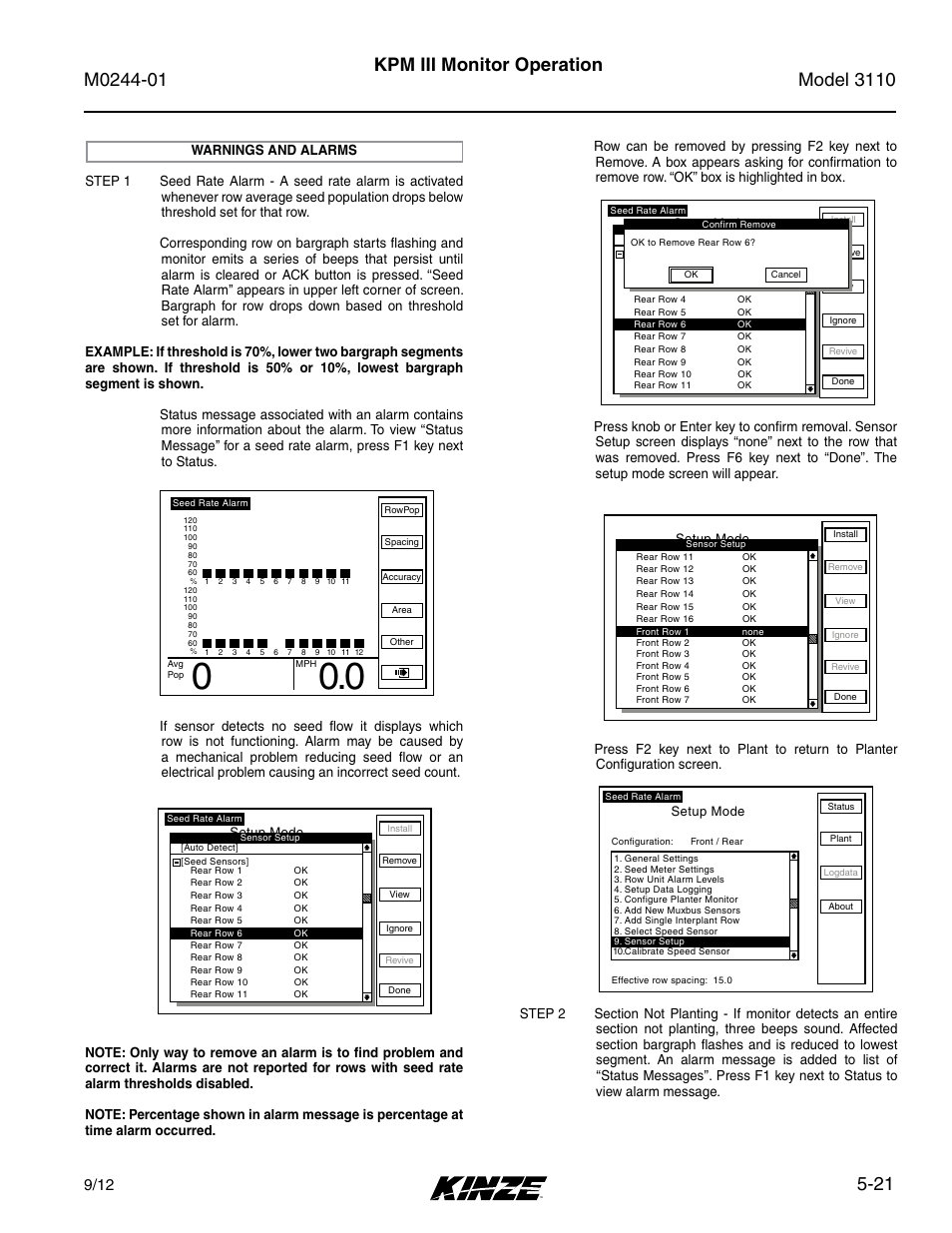 Warnings and alarms, Warnings and alarms -21, 21 kpm iii monitor operation | Kinze 3110 Mounted Planter Rev. 7/14 User Manual | Page 95 / 136
