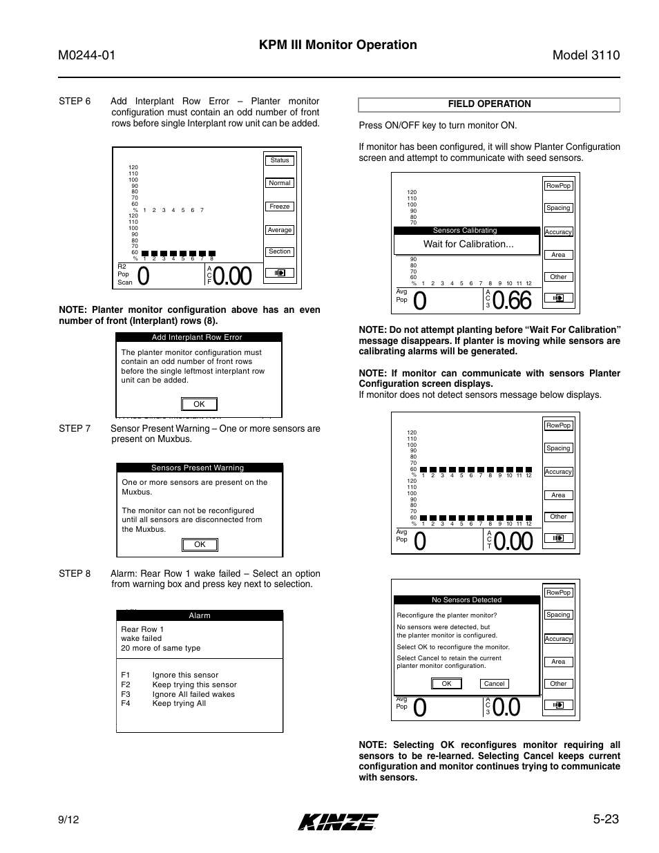Field operation, Field operation -23, 23 kpm iii monitor operation | Setup mode | Kinze 3110 Mounted Planter Rev. 7/14 User Manual | Page 97 / 136
