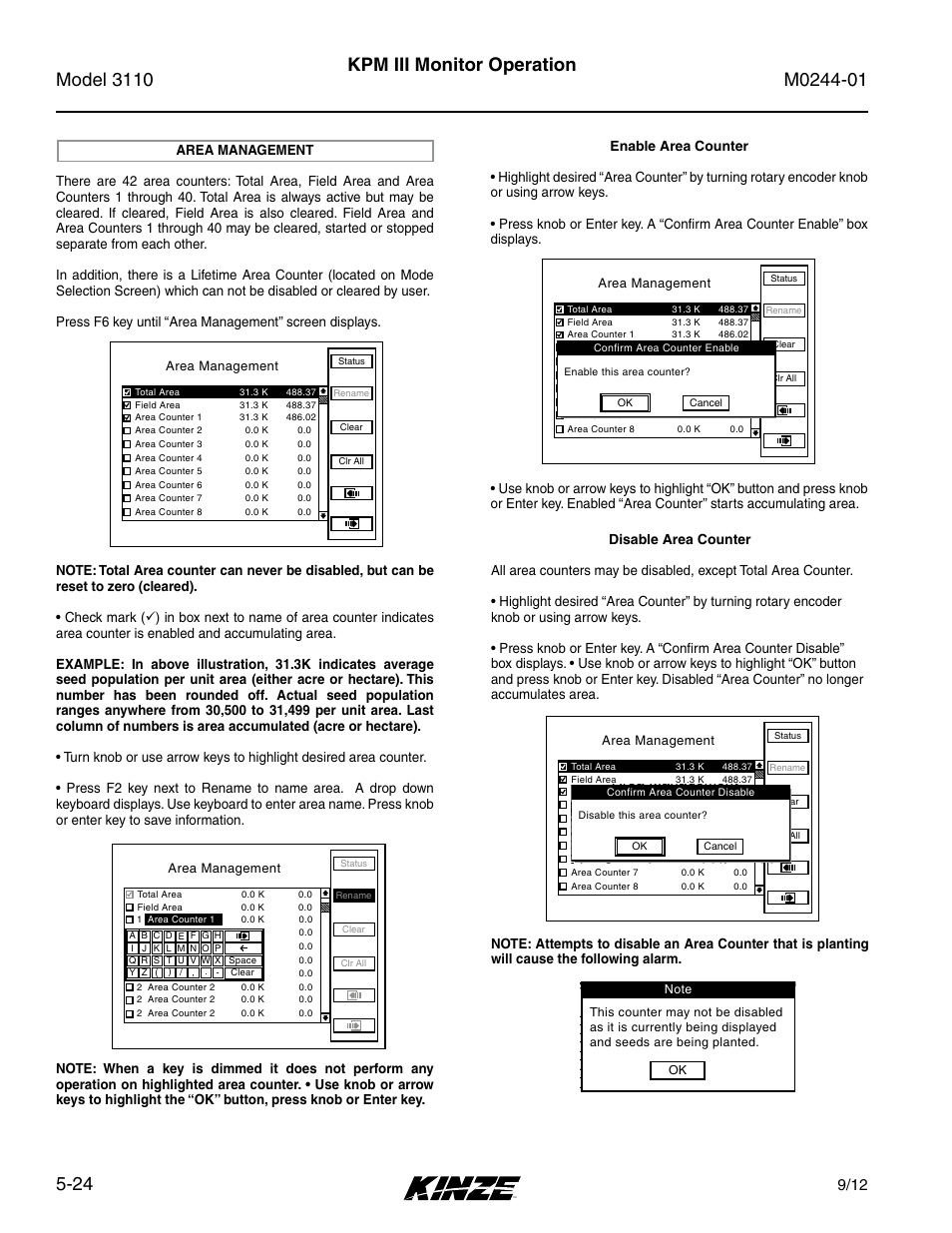 Area management, Area management -24, Kpm iii monitor operation | Kinze 3110 Mounted Planter Rev. 7/14 User Manual | Page 98 / 136