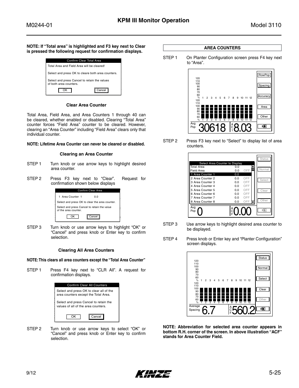 Area counters, Area counters -25, 25 kpm iii monitor operation | Area management | Kinze 3110 Mounted Planter Rev. 7/14 User Manual | Page 99 / 136