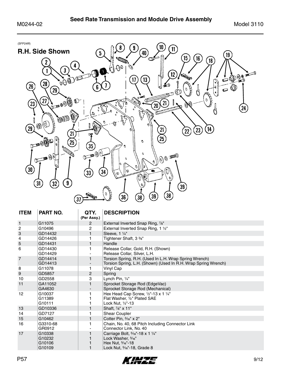 Seed rate transmission and module drive assembly, R .h . side shown | Kinze 3110 Mounted Planter Rev. 5/14 User Manual | Page 60 / 100
