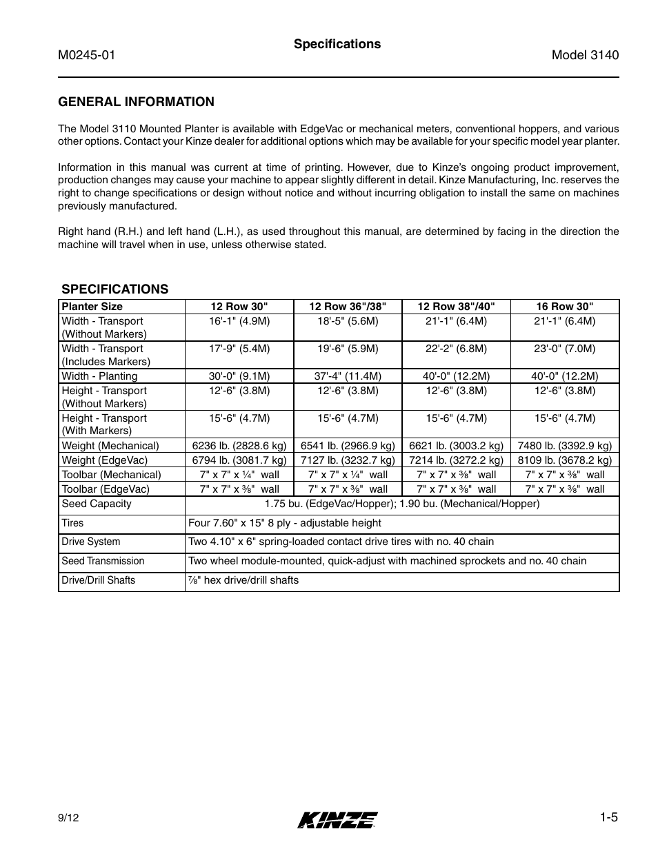 Kinze 3140 Stack Fold Planter Rev. 7/14 User Manual | Page 11 / 150