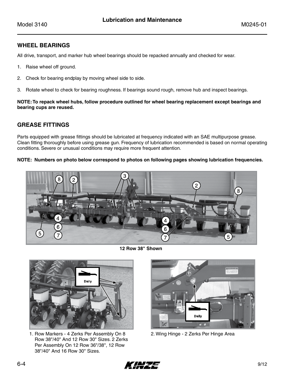 Wheel bearings, Grease fittings, Wheel bearings -4 | Grease fittings -4 | Kinze 3140 Stack Fold Planter Rev. 7/14 User Manual | Page 110 / 150