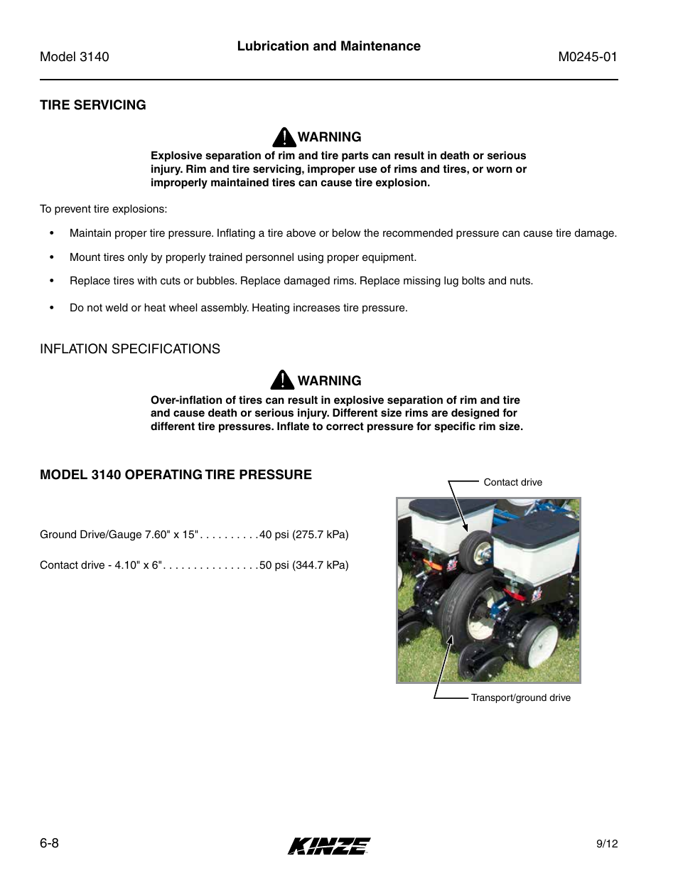 Tire servicing, Model 3140 operating tire pressure, Tire servicing -8 | Model 3140 operating tire pressure -8 | Kinze 3140 Stack Fold Planter Rev. 7/14 User Manual | Page 114 / 150