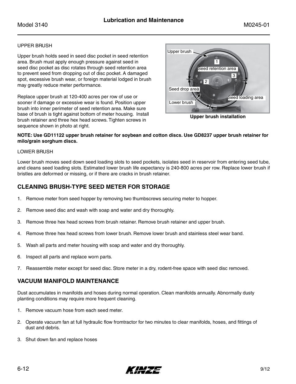 Cleaning brush-type seed meter for storage, Vacuum manifold maintenance, Cleaning brush-type seed meter for storage -12 | Vacuum manifold maintenance -12 | Kinze 3140 Stack Fold Planter Rev. 7/14 User Manual | Page 118 / 150