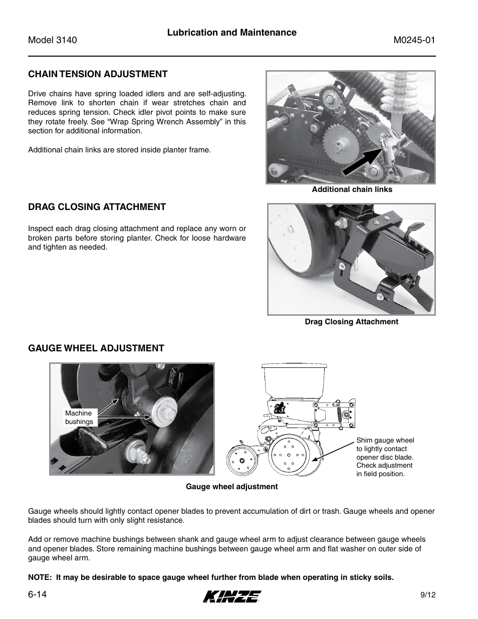 Chain tension adjustment, Drag closing attachment, Gauge wheel adjustment | Chain tension adjustment -14, Drag closing attachment -14, Gauge wheel adjustment -14 | Kinze 3140 Stack Fold Planter Rev. 7/14 User Manual | Page 120 / 150