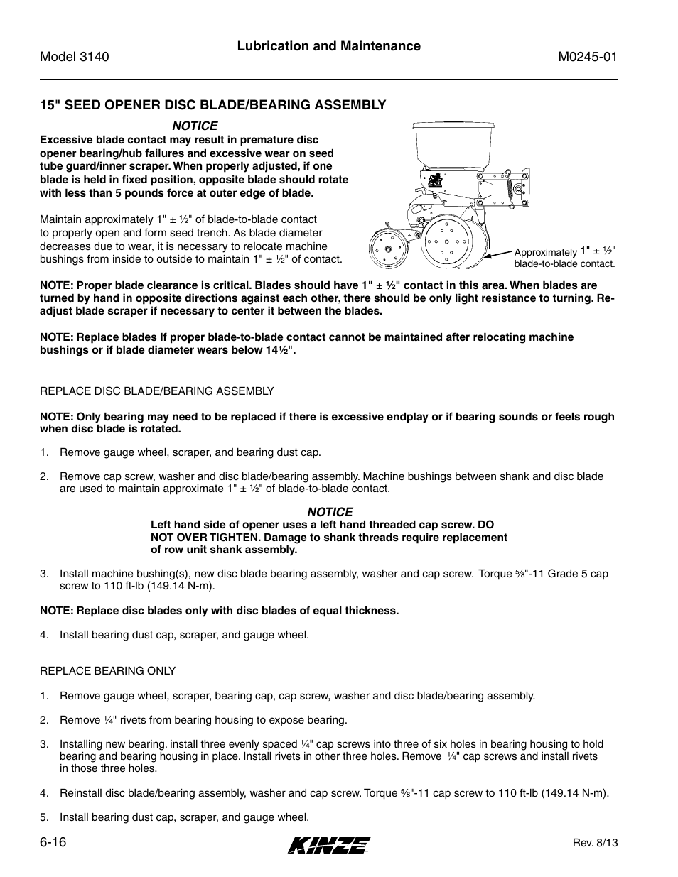 15" seed opener disc blade/bearing assembly, 15" seed opener disc blade/bearing assembly -16 | Kinze 3140 Stack Fold Planter Rev. 7/14 User Manual | Page 122 / 150