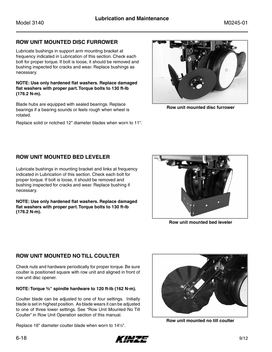 Row unit mounted disc furrower, Row unit mounted bed leveler, Row unit mounted no till coulter | Row unit mounted disc furrower -18, Row unit mounted bed leveler -18, Row unit mounted no till coulter -18 | Kinze 3140 Stack Fold Planter Rev. 7/14 User Manual | Page 124 / 150