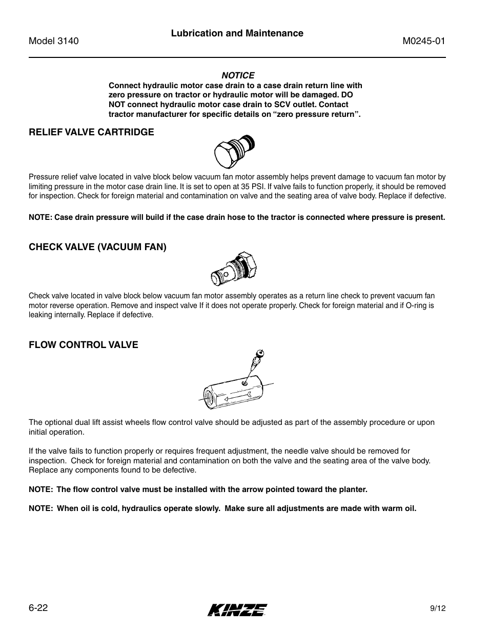 Relief valve cartridge, Check valve (vacuum fan), Flow control valve | Relief valve cartridge -22, Check valve (vacuum fan) -22, Flow control valve -22 | Kinze 3140 Stack Fold Planter Rev. 7/14 User Manual | Page 128 / 150