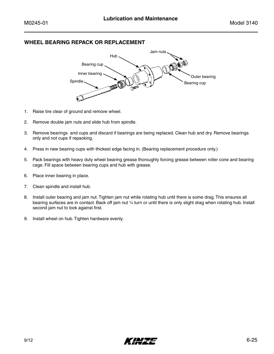 Wheel bearing repack or replacement, Wheel bearing repack or replacement -25 | Kinze 3140 Stack Fold Planter Rev. 7/14 User Manual | Page 131 / 150
