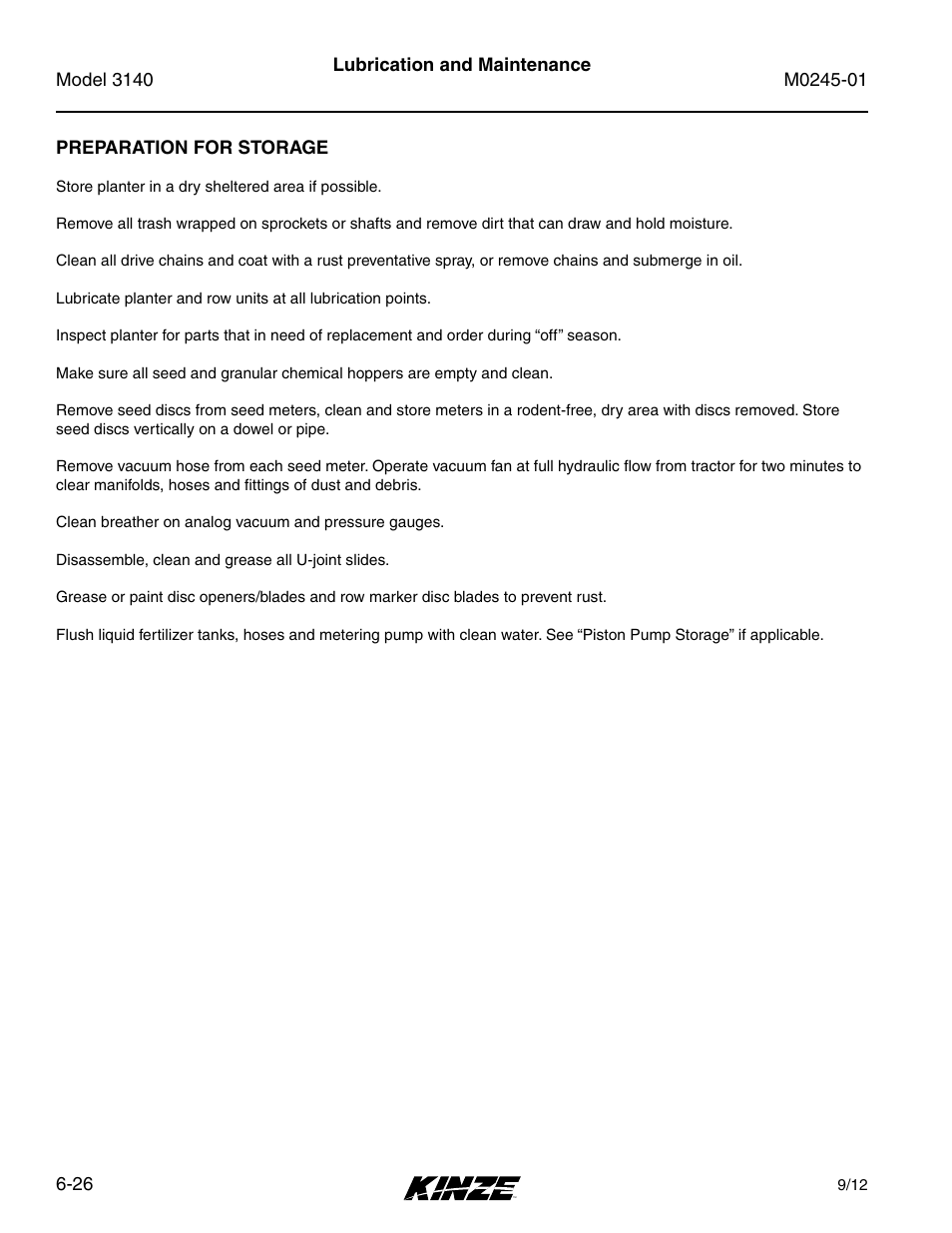 Preparation for storage, Preparation for storage -26 | Kinze 3140 Stack Fold Planter Rev. 7/14 User Manual | Page 132 / 150