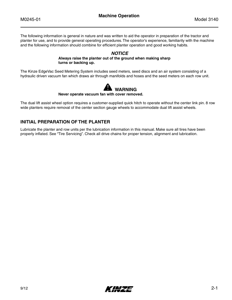 Machine operation, Initial preparation of the planter, Initial preparation of the planter -1 | Kinze 3140 Stack Fold Planter Rev. 7/14 User Manual | Page 15 / 150