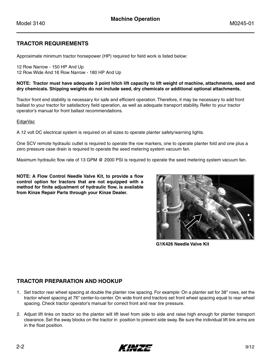 Tractor requirements, Tractor preparation and hookup | Kinze 3140 Stack Fold Planter Rev. 7/14 User Manual | Page 16 / 150