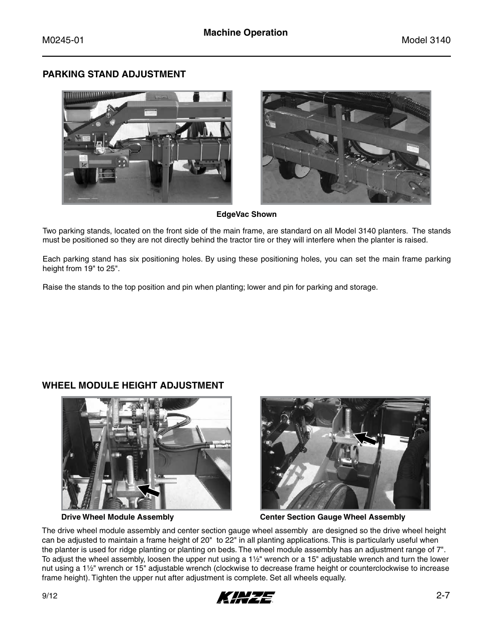 Parking stand adjustment, Wheel module height adjustment | Kinze 3140 Stack Fold Planter Rev. 7/14 User Manual | Page 21 / 150