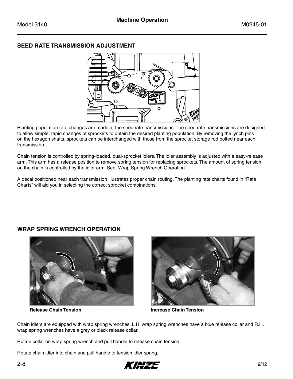 Seed rate transmission adjustment, Wrap spring wrench operation | Kinze 3140 Stack Fold Planter Rev. 7/14 User Manual | Page 22 / 150