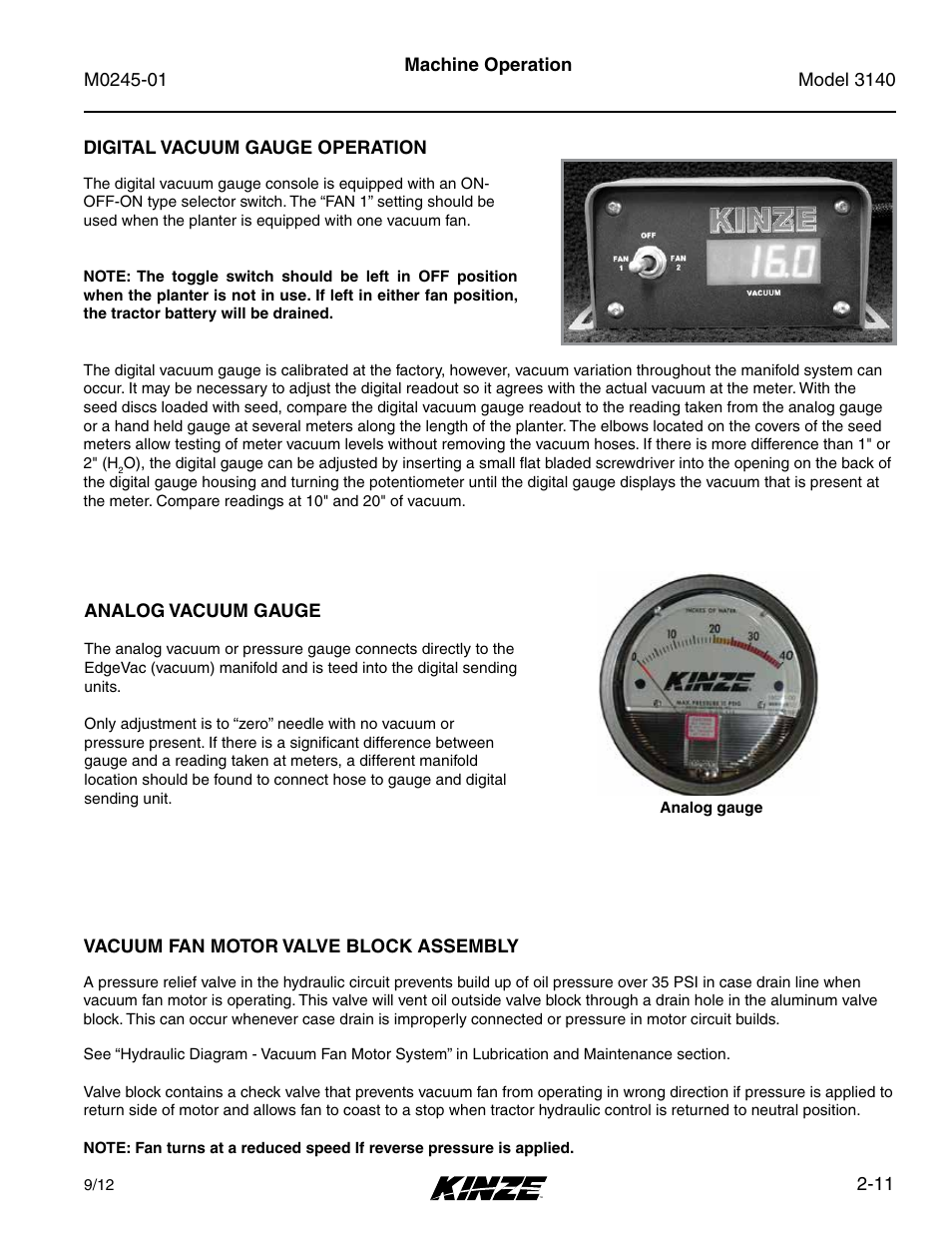Digital vacuum gauge operation, Analog vacuum gauge, Vacuum fan motor valve block assembly | Kinze 3140 Stack Fold Planter Rev. 7/14 User Manual | Page 25 / 150
